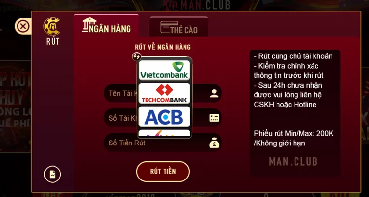 Hướng dẫn rút tiền qua tài khoản ngân hàng tại Manclub.