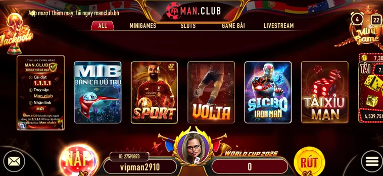 Sảnh game Manclub đa dạng thể loại giao diện 3D thu hút người chơi.